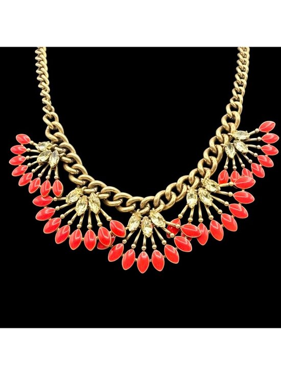 Stella & Dot Jewelry - Stella & Dot Coral Cay Bib Statement Necklace Heavy Bold Coral & Crystal Fan